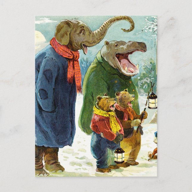 Cartes Pour Fêtes Annuelles Elephants Hippopotame & Ours Noël Caroling (Devant)