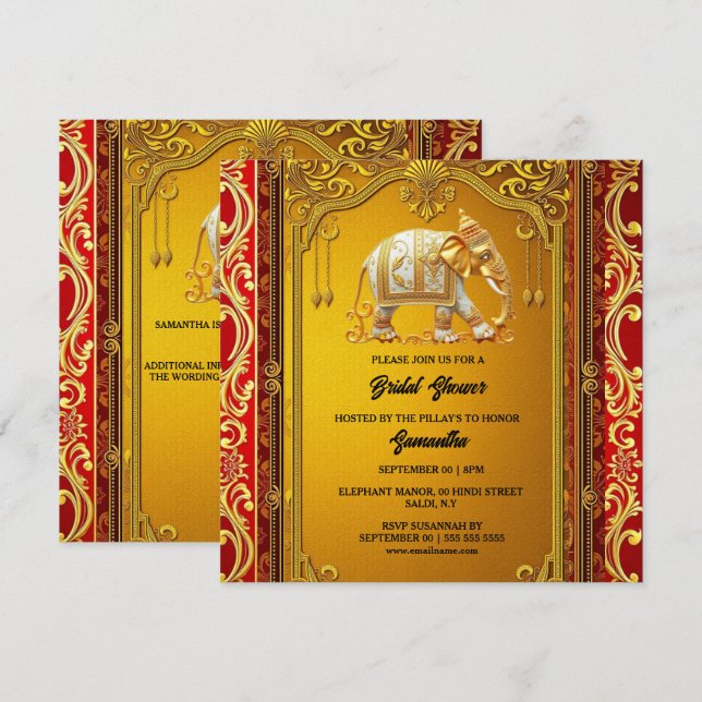 Cartes Pour Fêtes Annuelles Eléphants indiens or rouge luxueux douche nuptiale (Devant / Derrière)