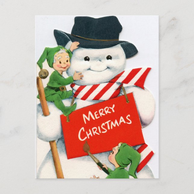 Cartes Pour Fêtes Annuelles elfe bonhomme de neige de Noël rétro (Devant)