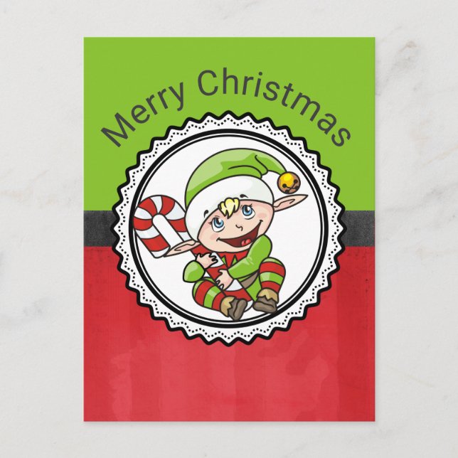 Cartes Pour Fêtes Annuelles Elfe mignonne avec canne de Noël Joyeux Noël (Devant)