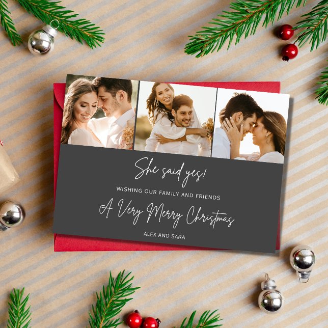 Cartes Pour Fêtes Annuelles Elle A Dit Oui Fiançailles 3 Photo Noël (She Said Yes Engagement 3 Photo Christmas Holiday Card)