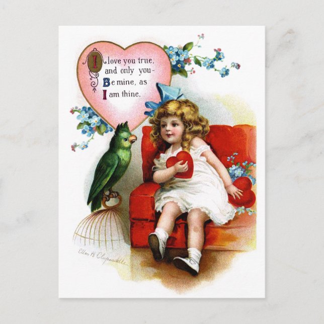 Cartes Pour Fêtes Annuelles Ellen H. Clapsaddle : Valentine Girl with Parrot (Devant)