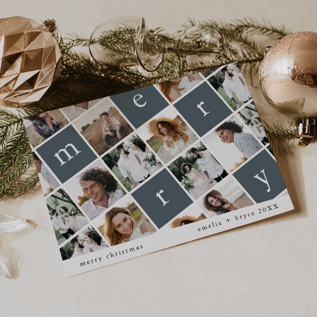Cartes Pour Fêtes Annuelles EMELIA Blue Modern Family Multi Photo Noël (EMELIA Blue Modern Family Multi Photo Christmas Holiday Card)