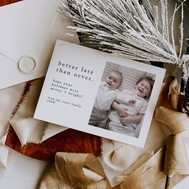 Cartes Pour Fêtes Annuelles EMELIA Noir Nouvel An Photo Tard Drôle Noël (EMELIA Black New Years Photo Late Funny Christmas Holiday Card)