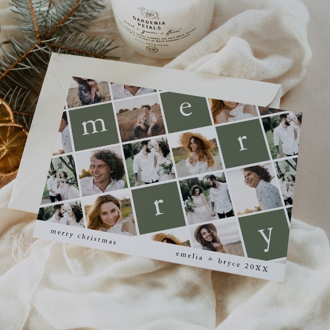 Cartes Pour Fêtes Annuelles EMELIA Vert Famille Moderne Multi Photo Noël (EMELIA Green Modern Family Multi Photo Christmas Holiday Card)