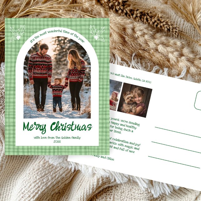 Cartes Pour Fêtes Annuelles en vichy Green Christmas Custom Arche 3 Photo (Gingham Green Christmas Custom Arch 3 Photo Holiday Postcard
)