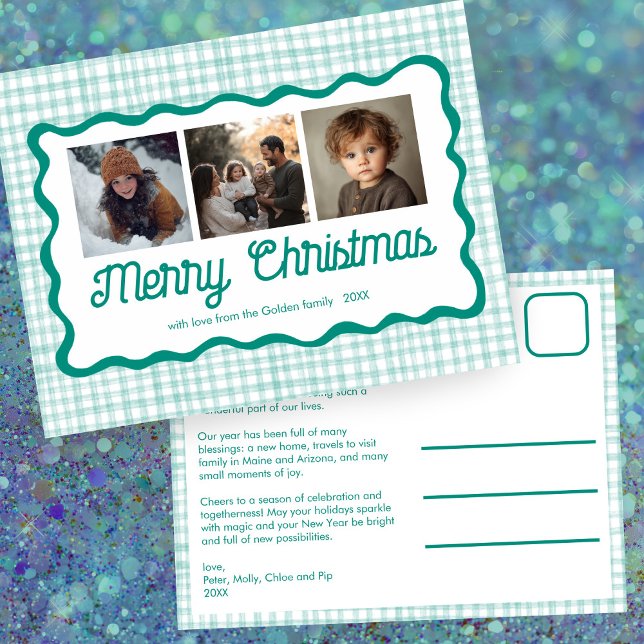 Cartes Pour Fêtes Annuelles en vichy Vague Vert Noël Custom 3 Photo (Gingham Wavy Green Christmas Custom 3 Photo Holiday Postcard
)