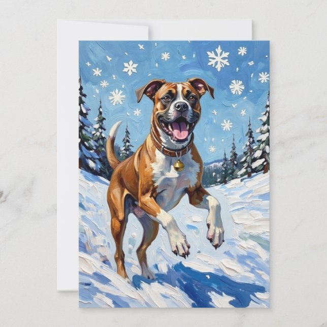 Cartes Pour Fêtes Annuelles Energetic Boxer Dog Leaping in Winter Snow Fun (Devant)