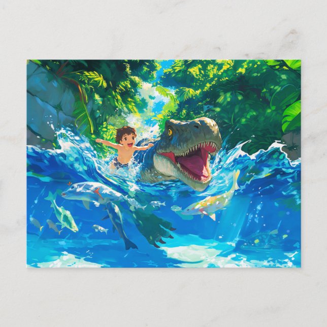 Cartes Pour Fêtes Annuelles Enfant Anime nageant avec dinosaure en mer (Devant)