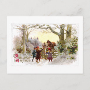 Cartes Pour Fêtes Annuelles Enfants alimentant à chevaux Noël antique