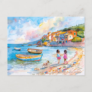 Cartes Pour Fêtes Annuelles Enfants avec chien à Mediterranean beach watercolo