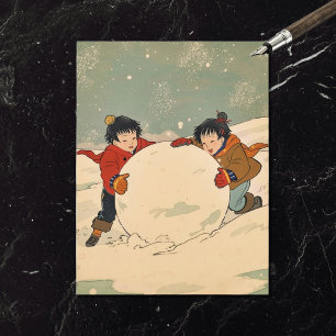 Cartes Pour Fêtes Annuelles Enfants japonais roulant une grosse boule de neige