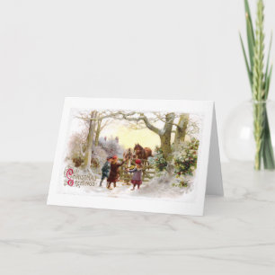 Cartes Pour Fêtes Annuelles Enfants nourrissant les chevaux Antique Noël