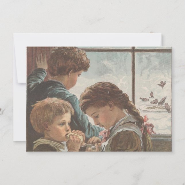 Cartes Pour Fêtes Annuelles Enfants Oiseaux Fenêtre Noël Vide Imprimable  (Devant)