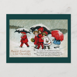 Cartes Pour Fêtes Annuelles Enfants près des parapluies dans la neige