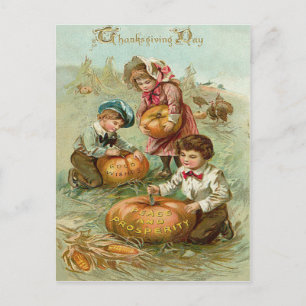 Cartes Pour Fêtes Annuelles Enfants sculptant des citrouilles dans une meule d