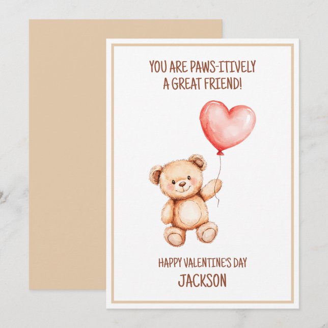 Cartes Pour Fêtes Annuelles Enfants Teddy Bear Cute Aquarelle Coeur Valentine (Devant / Derrière)
