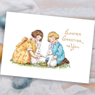 Cartes Pour Fêtes Annuelles Enfants vintages, lapins blancs, Salutation de Pâq