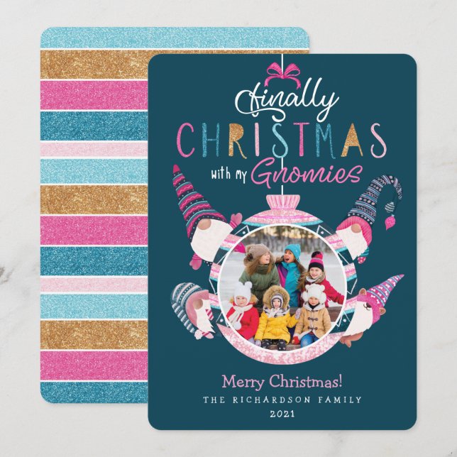 Cartes Pour Fêtes Annuelles Enfin Noël Avec Mes Gnomes Amusants Photo Famille (Devant / Derrière)