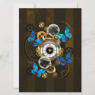 Cartes Pour Fêtes Annuelles Engrenages à vapeur et papillons bleus