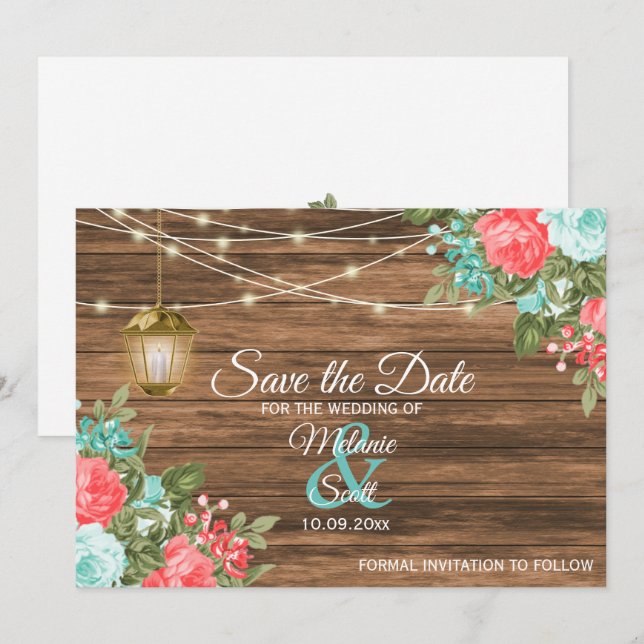 Cartes Pour Fêtes Annuelles Enregistrer La Date -Bois, Lanterne & Turquoise, F (Devant / Derrière)