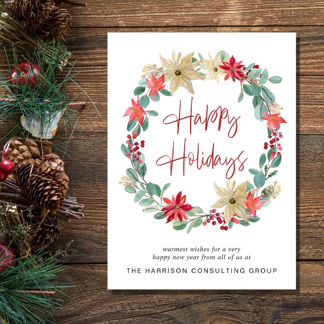 Cartes Pour Fêtes Annuelles Entreprise Poinsettia Wreath Aquarelle Voiture de  (Spread the joy of the season and strengthen business relationships with our elegant holiday card)