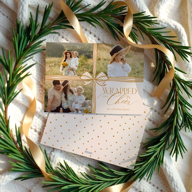 Cartes Pour Fêtes Annuelles Enveloppé dans la poitrine élégante Présente Photo (Wrapped in Cheer Elegant Bow Present Photo Collage Holiday Card)