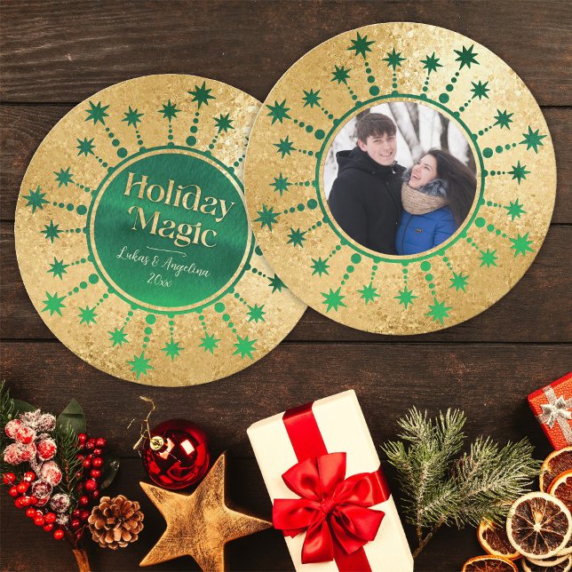 Cartes Pour Fêtes Annuelles Étoiles de Noël festives : Vert et Or (Holiday Magic Green and Gold Photo Card)