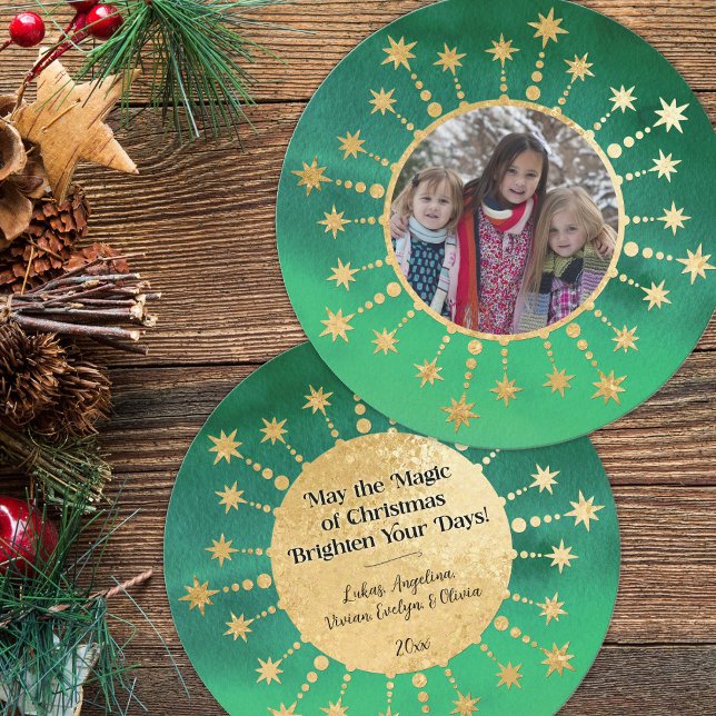 Cartes Pour Fêtes Annuelles Étoiles de Noël festives : Vert et Or (Christmas Magic Green and Gold Photo Holiday Card)