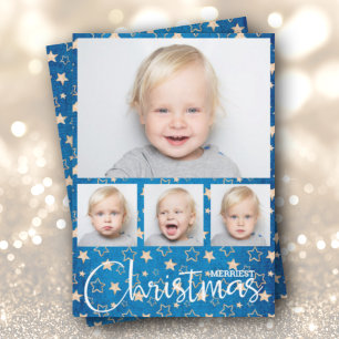 Cartes Pour Fêtes Annuelles Étoiles d'or sur Blue Multiple Photo Christmas