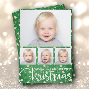 Cartes Pour Fêtes Annuelles Étoiles d'or sur Green Multiphoto Noël