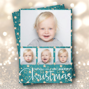Cartes Pour Fêtes Annuelles Étoiles d'or sur Turquoise photos multiples Noël