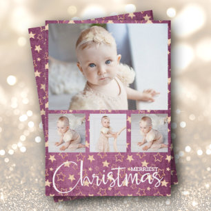 Cartes Pour Fêtes Annuelles Étoiles d'or sur violet photos multiples Noël