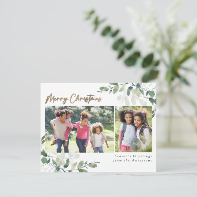 Cartes Pour Fêtes Annuelles Eucalyptus Gold Foil Joyeux Noël 2 Photos (Debout devant)