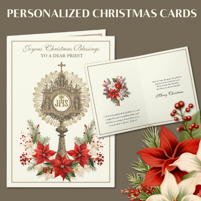 Cartes Pour Fêtes Annuelles Eucharistie catholique de Noël Poinsettia Floral (Traditional Catholic Christmas Cards with Poinsettias and Eucharist)