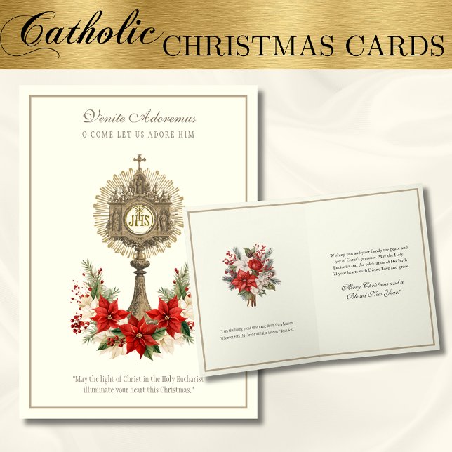Cartes Pour Fêtes Annuelles Eucharistie catholique de Noël Poinsettia Floral ( Our cards beautifully highlight the true presence of Christ in the Holy Eucharist. )