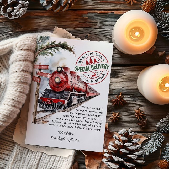Cartes Pour Fêtes Annuelles Express polaire Train livraison spéciale Grossesse (Christmas Card Pregnancy Announcement. Special delivery baby reveal with polar express train theme)