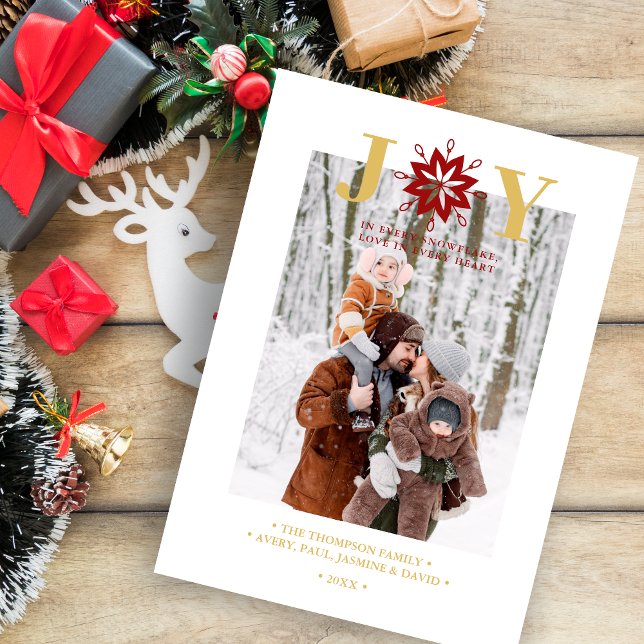 Cartes Pour Fêtes Annuelles Exquisite Christmas Actual Snowflake Photo Holiday (Exquisite Christmas Actual Snowflake Photo with JOY quote in Fake Gold & Dark Red Holiday Card.)