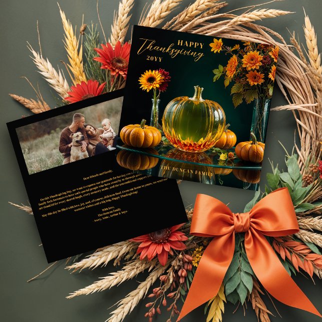 Cartes Pour Fêtes Annuelles Exquisite Thanksgiving Amber Glass Pumpkin Autumn (Exquisite Thanksgiving Amber Glass Pumpkin and Autumn Leaves & Flowers Holidays Cards.)