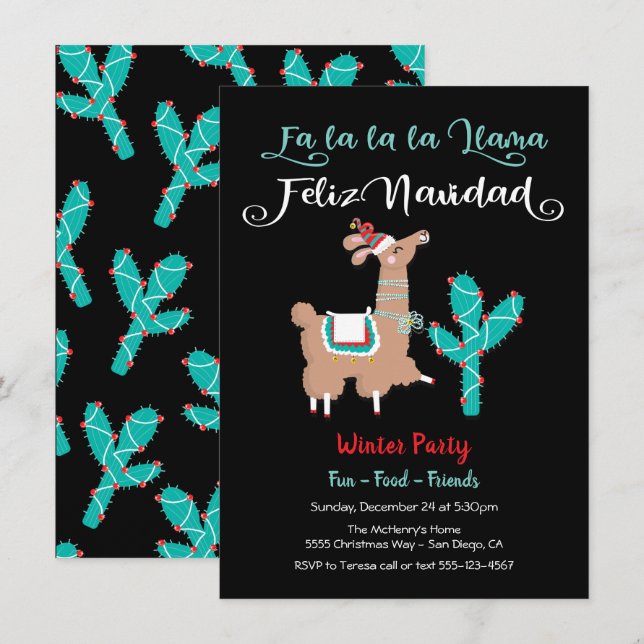 Cartes Pour Fêtes Annuelles Fa la Llama Feliz Navidad (Devant / Derrière)