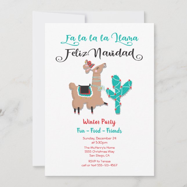 Cartes Pour Fêtes Annuelles Fa la Llama Feliz Navidad (Devant)