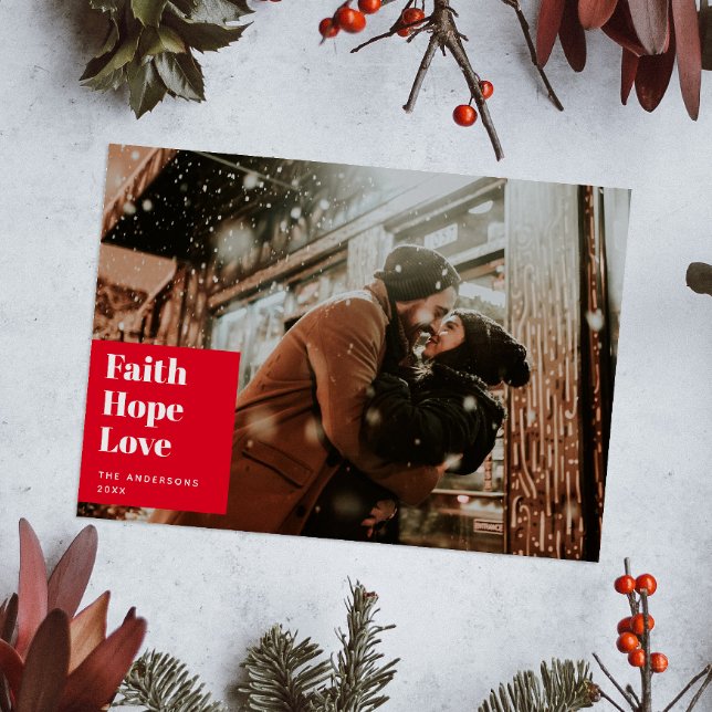 Cartes Pour Fêtes Annuelles Faith Hope Love. Photo religieuse de Noël rouge (Créateur téléchargé)