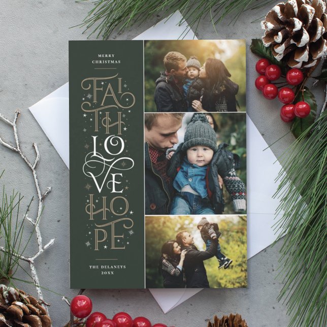 Cartes Pour Fêtes Annuelles Faith Love Hope Multi Photo Holiday Card (Créateur téléchargé)