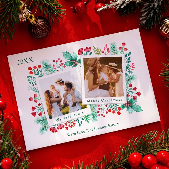 Cartes Pour Fêtes Annuelles Famille 2 Photo Collage Aquarelle de Noël (Family Photo Collage Christmas Holiday Card)