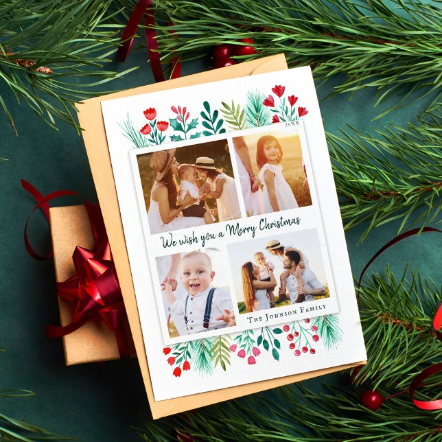 Cartes Pour Fêtes Annuelles Famille 4 Photo Collage aquarelle Foliage (Family Christmas Card with Photos and Watercolor)