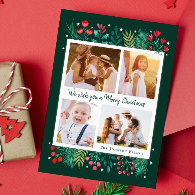Cartes Pour Fêtes Annuelles Famille 4 Photo Collage aquarelle Foliage (Family Christmas Card with Photos and Watercolor)