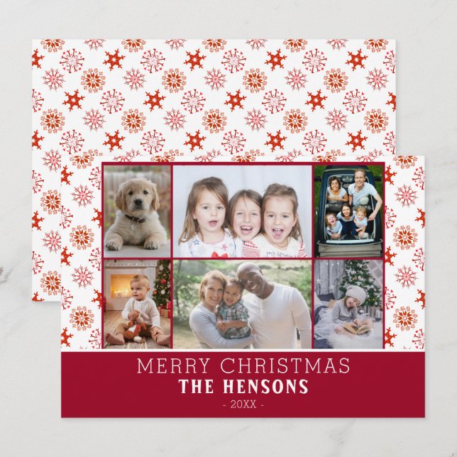 Cartes Pour Fêtes Annuelles Famille 6 Photo Collage Red Snowflakes Noël (Devant / Derrière)