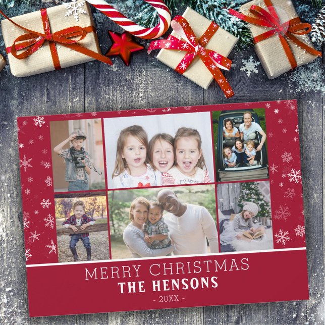 Cartes Pour Fêtes Annuelles Famille 6 Photo Collage Red Snowflakes Noël (Créateur téléchargé)