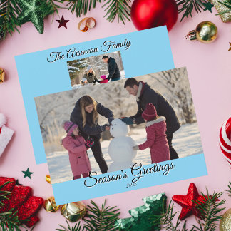 Cartes Pour Fêtes Annuelles Famille Calligraphiée Noël Photo Bleue Personnalis