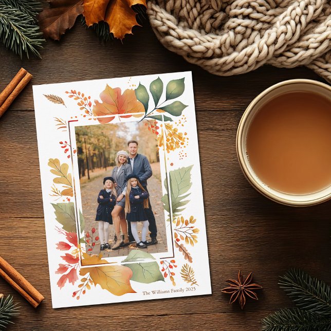 Cartes Pour Fêtes Annuelles Famille Chic Thanksgiving Photo Fall Leaf Bordure (Créateur téléchargé)
